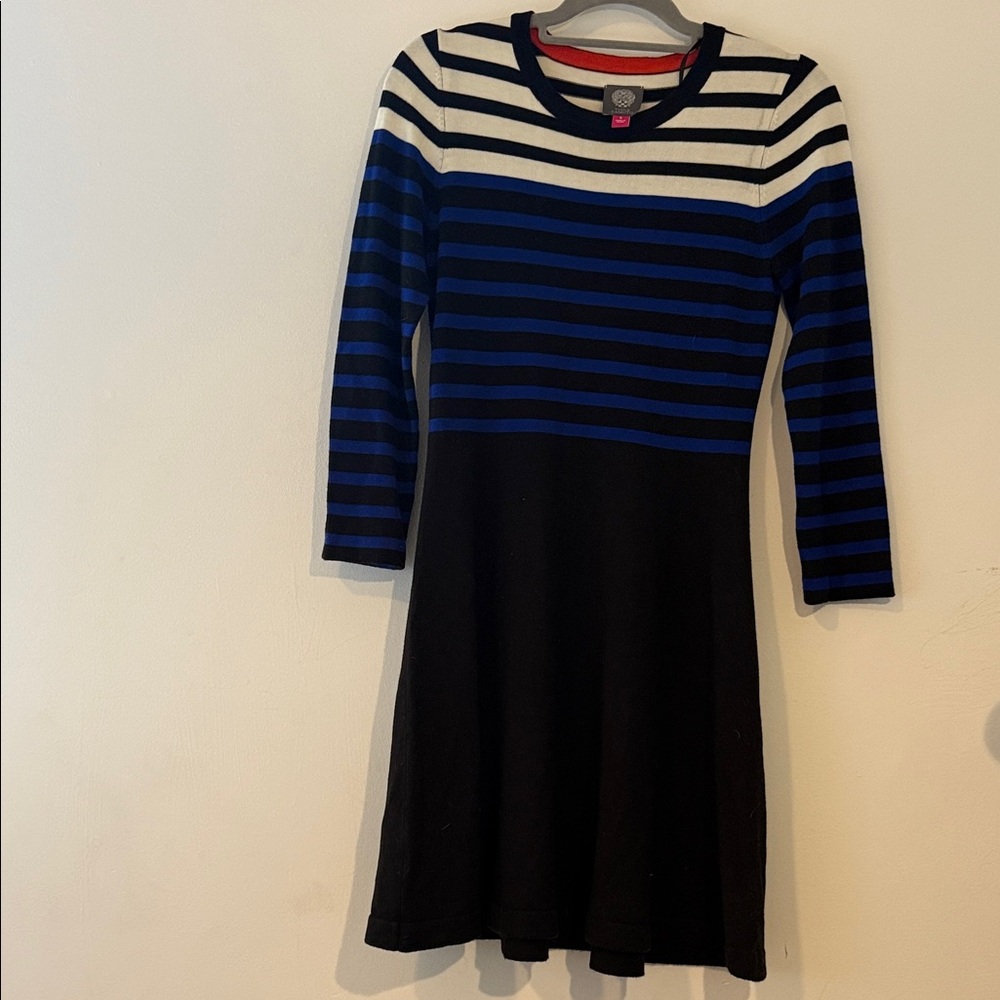 Vince Camuto Striped Blue and Black Long Sleeve Dress
